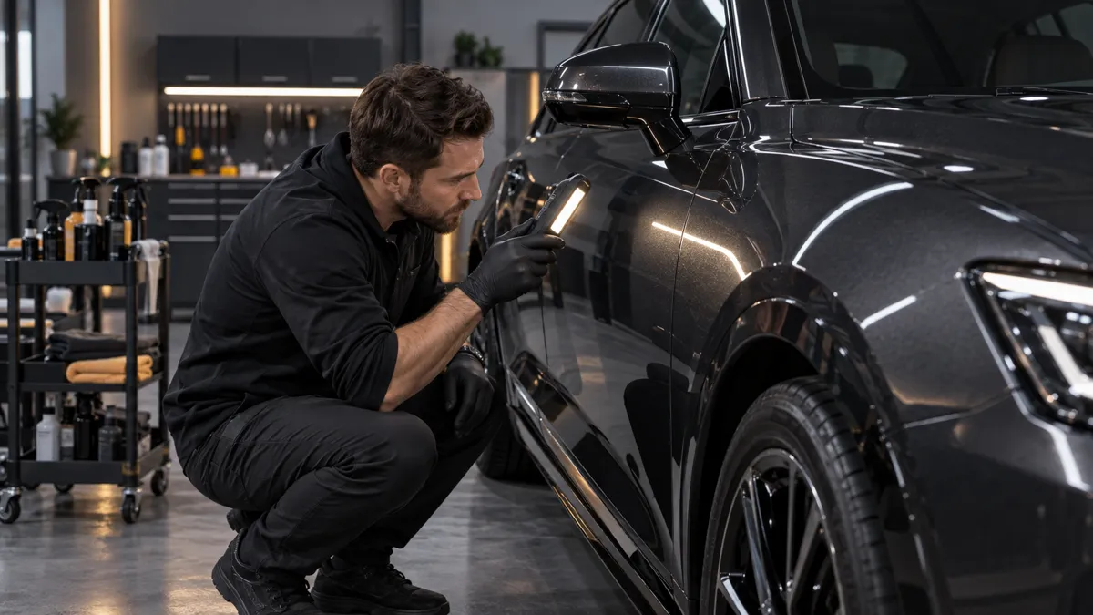 Paint-protection installer inspecting a vehicle finish under a work light