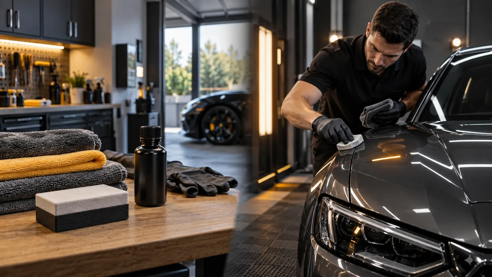 A professional applying paint protection beside coating tools and towels